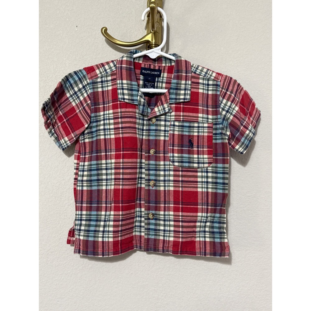 Ralph Lauren Plaid Button Down Kids 2T Red Blue Short Sleeve Camp Collar Shirt